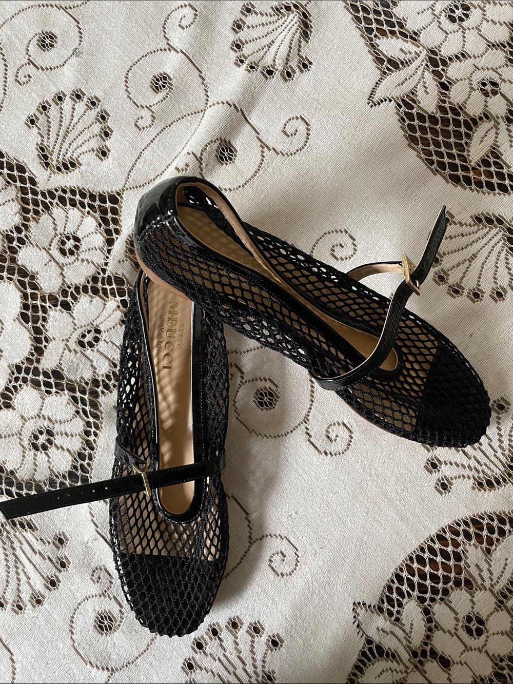 Sesto Meucci Black Mesh Mary Jane Flats with Ankle Strap